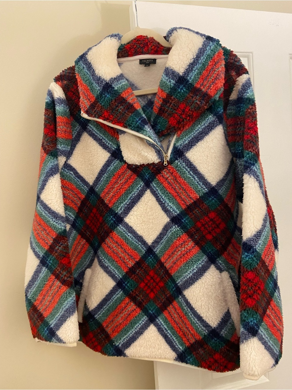 Talbots Plus Women’s Cozy Plaid Sherpa Pullover Fleece Jacket - Red, Blue, Green